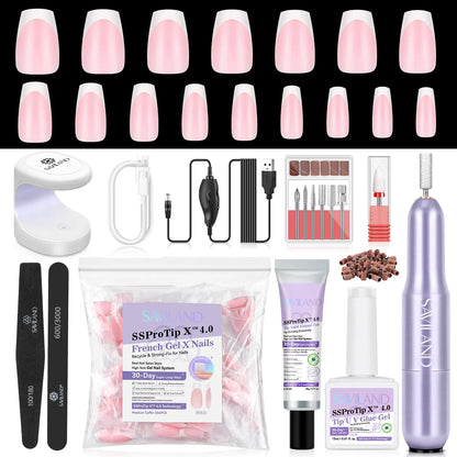 SAVILAND Gel X Nail Kit(It Doesn'T Come with White Nail Drill Bit): All-In-1 Beginner Kit with Drill 0.5Oz Glue Gel 500 Coffin Tips UV Lamp Acrylic Nail Tools Manicures Nail Art Kit & Gel