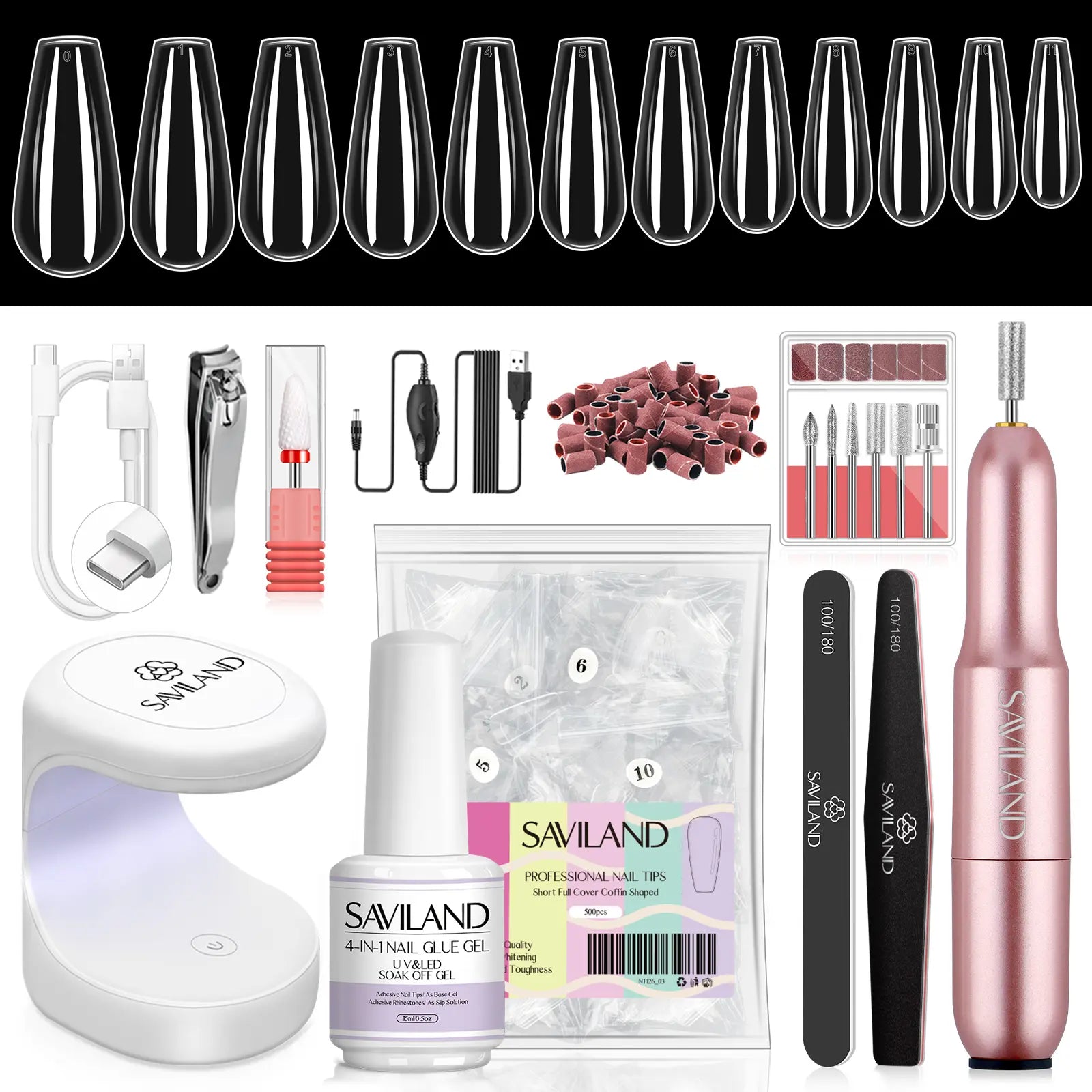 SAVILAND Gel X Nail Kit(It Doesn'T Come with White Nail Drill Bit): All-In-1 Beginner Kit with Drill 0.5Oz Glue Gel 500 Coffin Tips UV Lamp Acrylic Nail Tools Manicures Nail Art Kit & Gel