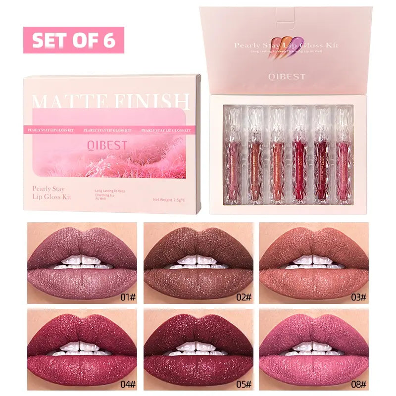 6Pcs/Set Diamond Shimmer Waterproof Lip Gloss Pearl Gloss Finish Liquid Lipstick Glitter Shiny Pearl Glaze Long Lasting Lip Tint Women Makeup Glittery Lip Gloss