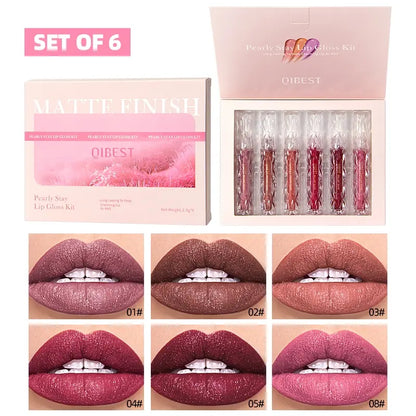 6Pcs/Set Diamond Shimmer Waterproof Lip Gloss Pearl Gloss Finish Liquid Lipstick Glitter Shiny Pearl Glaze Long Lasting Lip Tint Women Makeup Glittery Lip Gloss