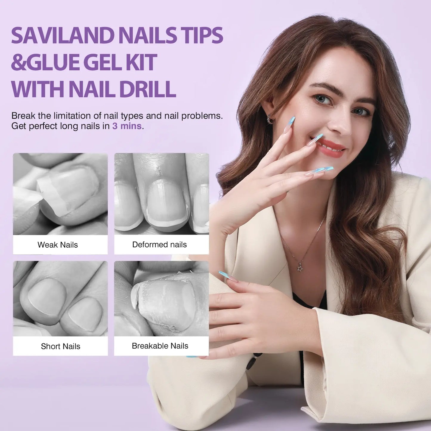 SAVILAND Gel X Nail Kit(It Doesn'T Come with White Nail Drill Bit): All-In-1 Beginner Kit with Drill 0.5Oz Glue Gel 500 Coffin Tips UV Lamp Acrylic Nail Tools Manicures Nail Art Kit & Gel