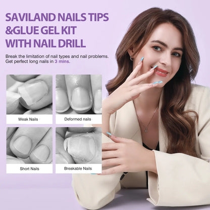 SAVILAND Gel X Nail Kit(It Doesn'T Come with White Nail Drill Bit): All-In-1 Beginner Kit with Drill 0.5Oz Glue Gel 500 Coffin Tips UV Lamp Acrylic Nail Tools Manicures Nail Art Kit & Gel
