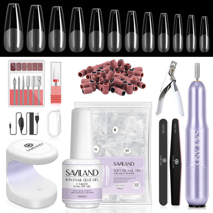 SAVILAND Gel X Nail Kit(It Doesn'T Come with White Nail Drill Bit): All-In-1 Beginner Kit with Drill 0.5Oz Glue Gel 500 Coffin Tips UV Lamp Acrylic Nail Tools Manicures Nail Art Kit & Gel