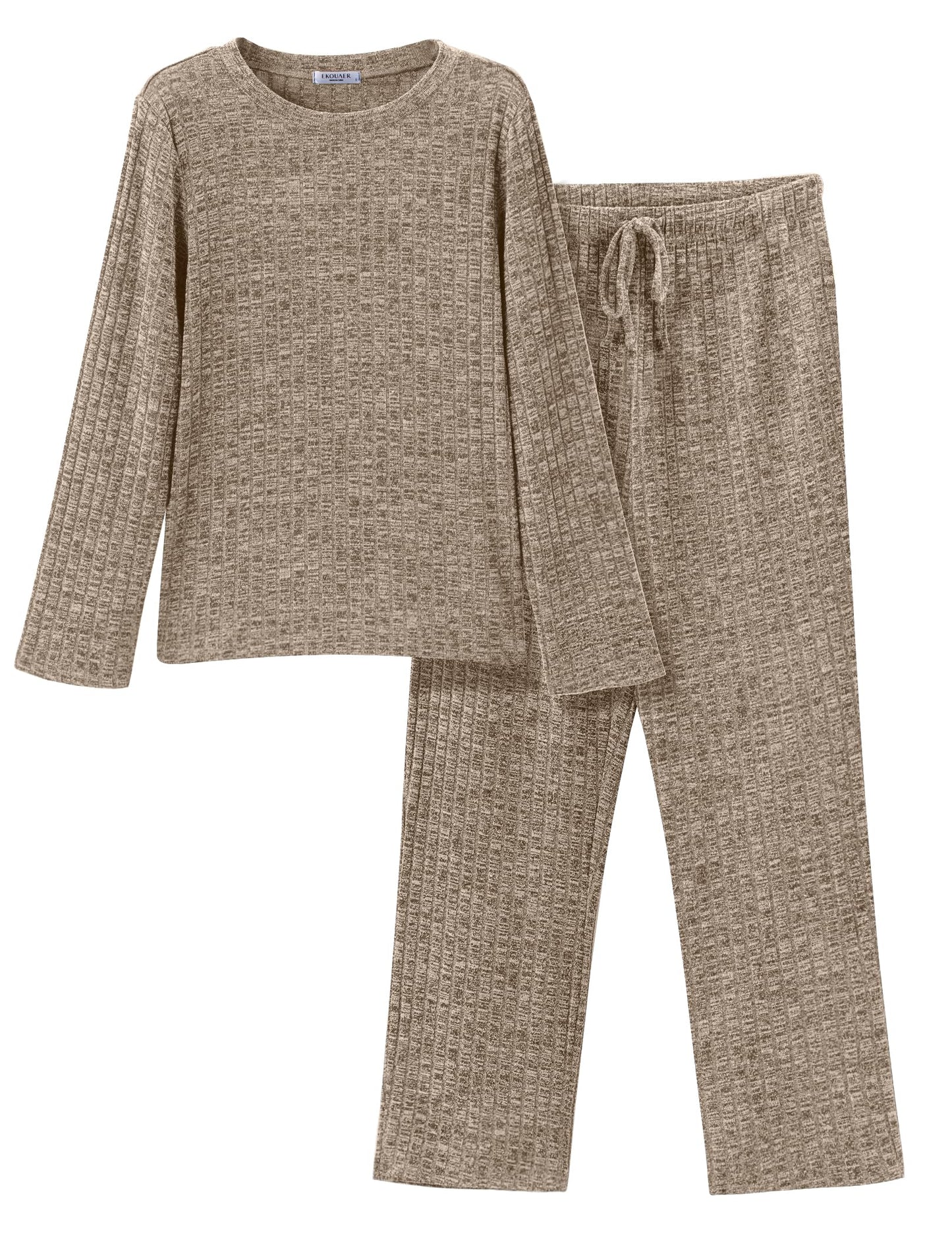 EKOUAER Ribbed Knit Lounge Set — Long Sleeve Top &amp; Pants (with Pockets)