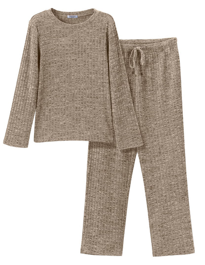 EKOUAER Ribbed Knit Lounge Set — Long Sleeve Top &amp; Pants (with Pockets)