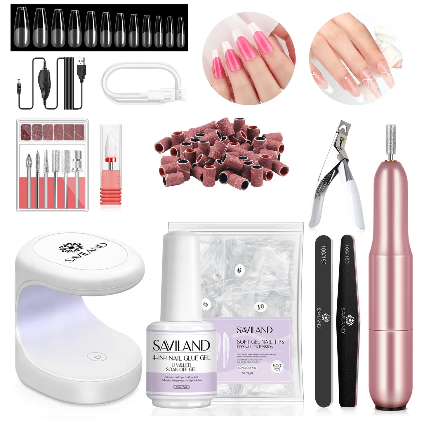 SAVILAND Gel X Nail Kit(It Doesn'T Come with White Nail Drill Bit): All-In-1 Beginner Kit with Drill 0.5Oz Glue Gel 500 Coffin Tips UV Lamp Acrylic Nail Tools Manicures Nail Art Kit & Gel