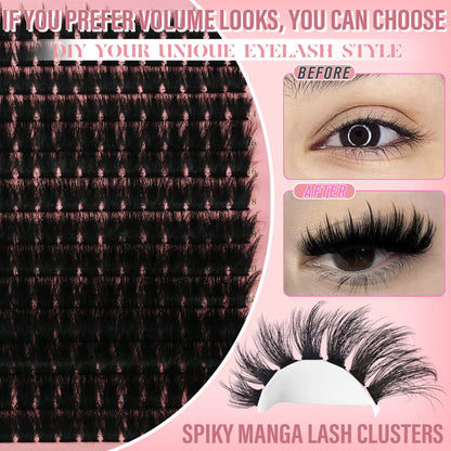 Spikes Lash Clusters Wispy Manga Eyelash Clusters Thick 100D Mega Eyelash Extensions Anime Eyelashes Clusters Reusable Full Volume Individual Lash Extension (D Curly 12-24Mm)