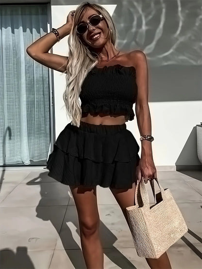 Women'S Solid Crop Top & 2 in 1 Skirt Set, Casual Fashion Cozy Two-Piece Outfits for Daily Outdoor Wear, Ladies Clothes for Summer