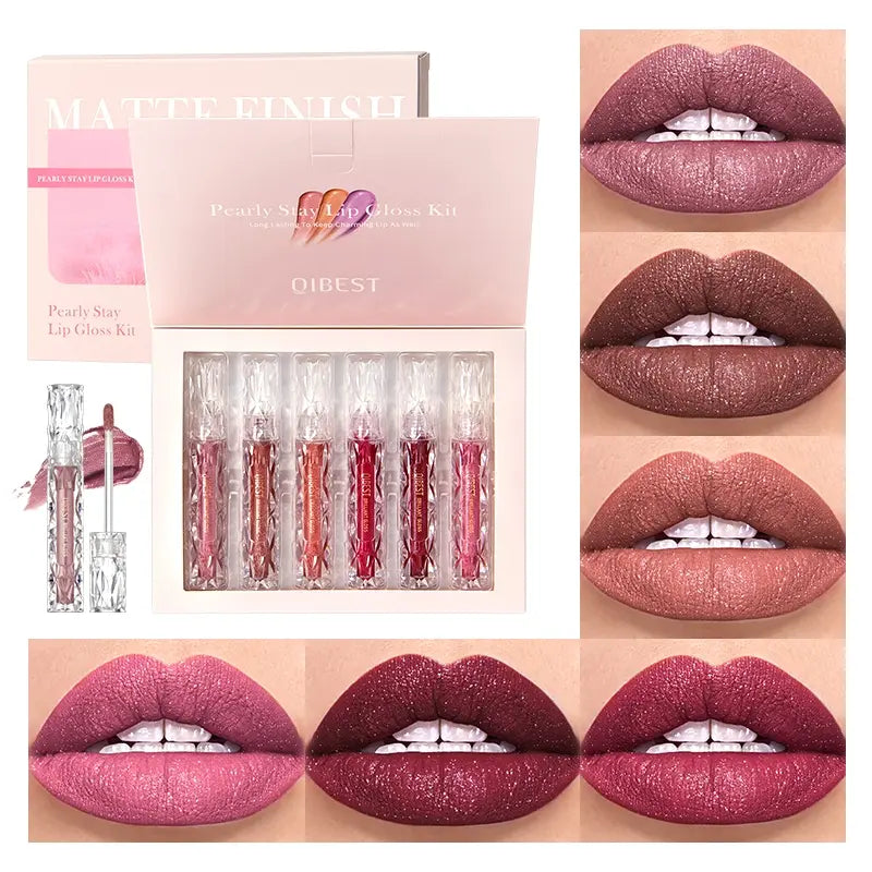 6Pcs/Set Diamond Shimmer Waterproof Lip Gloss Pearl Gloss Finish Liquid Lipstick Glitter Shiny Pearl Glaze Long Lasting Lip Tint Women Makeup Glittery Lip Gloss