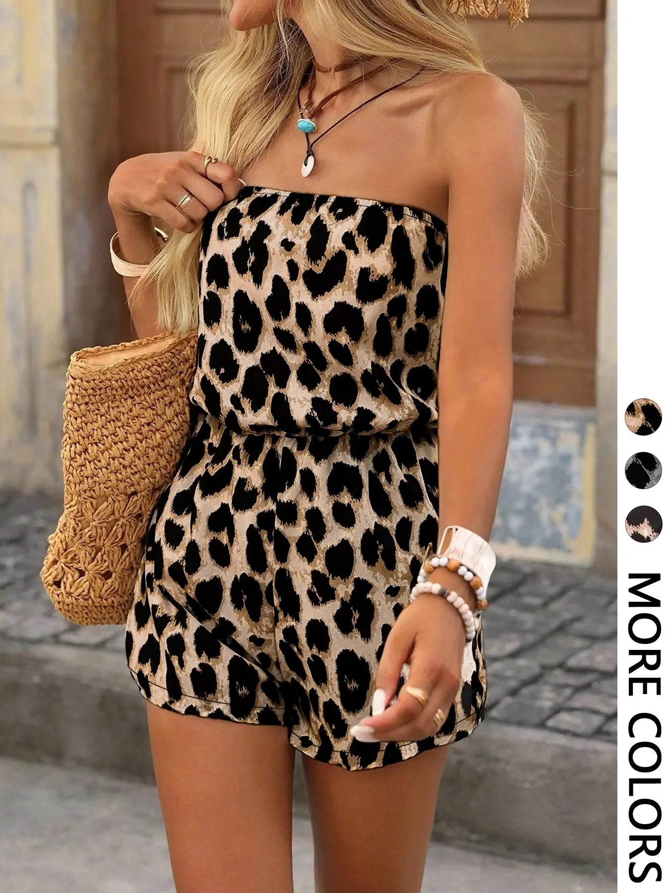 1 Piece Women'S Rompers, Spring Summer Leopard Print Strapless Tube Top Sleeveless Short Jumpsuits, Elastic Waist Loose Fit Soft Breathable Flattering Slimming Casual Romper for Women Teen Girls Beach Vacation Daily Outing Party Wear