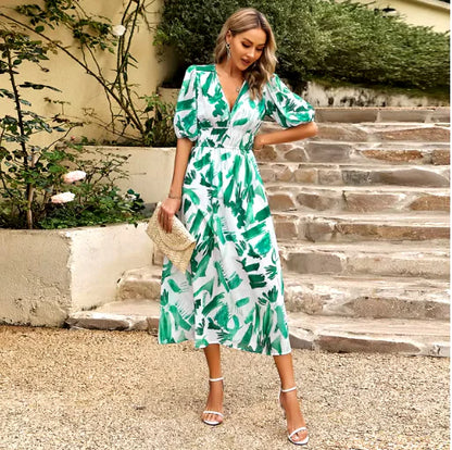 Printed V-Neck Summer Maxi Dress — Flowy Vacation &amp; Beach Dress