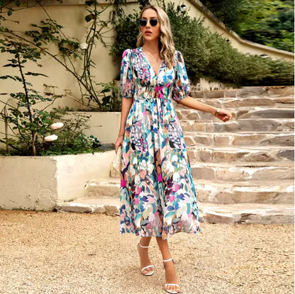 Printed V-Neck Summer Maxi Dress — Flowy Vacation &amp; Beach Dress
