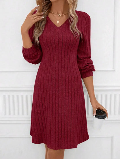 Women's V-neck Long-sleeved Loose Knitted Dress