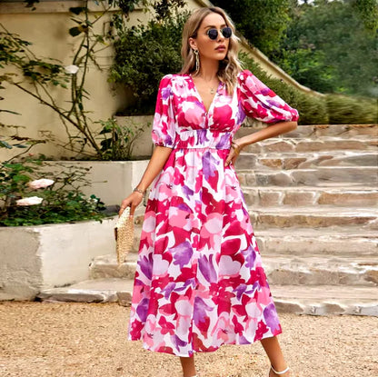 Printed V-Neck Summer Maxi Dress — Flowy Vacation &amp; Beach Dress